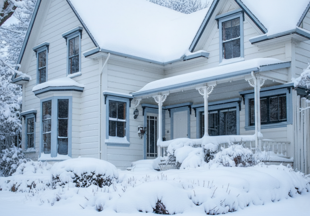 Mendocino cottage in the winter full of snow
