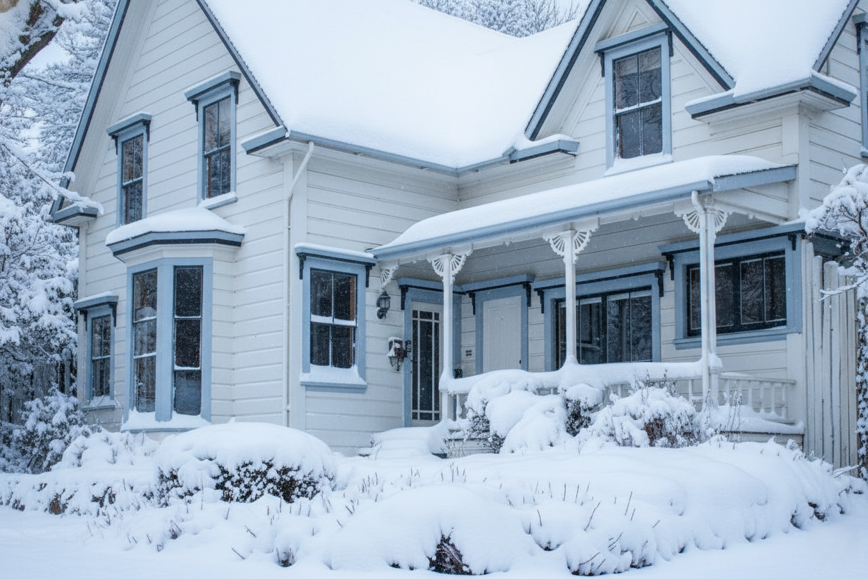 Mendocino cottage in the winter full of snow